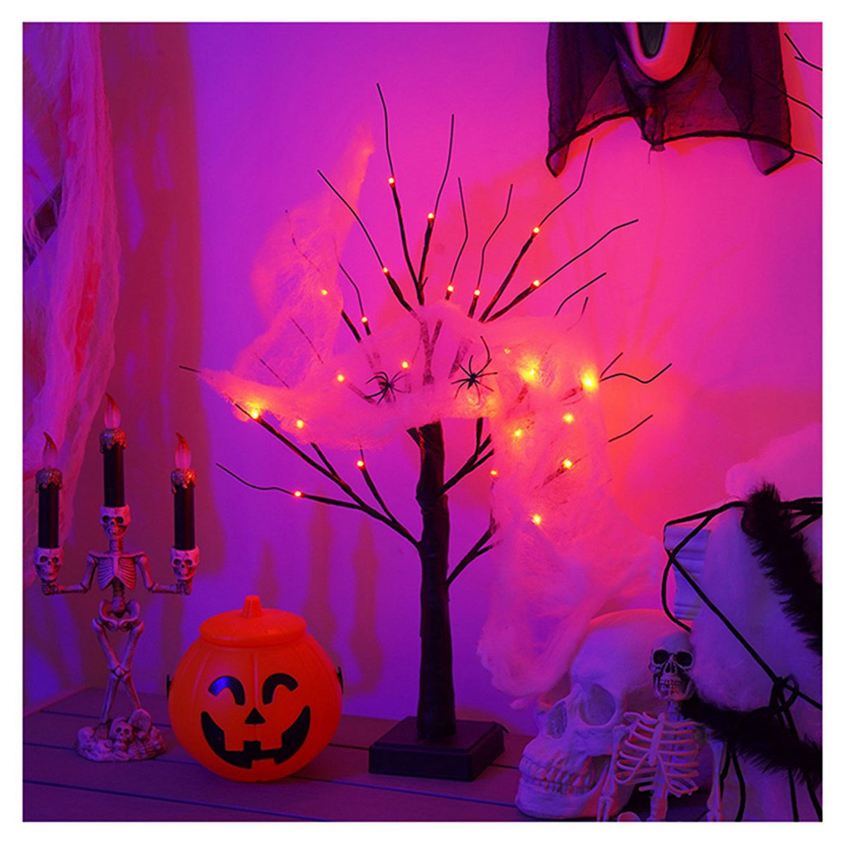 23.6 Inch Halloween Birch Tree Halloween Decorations Black Christmas Tree with 24LED Orange and Purple Lights and Halloween Lights Indoor Tabletop Tree Light,2 Light Modes,USB/Battery Power