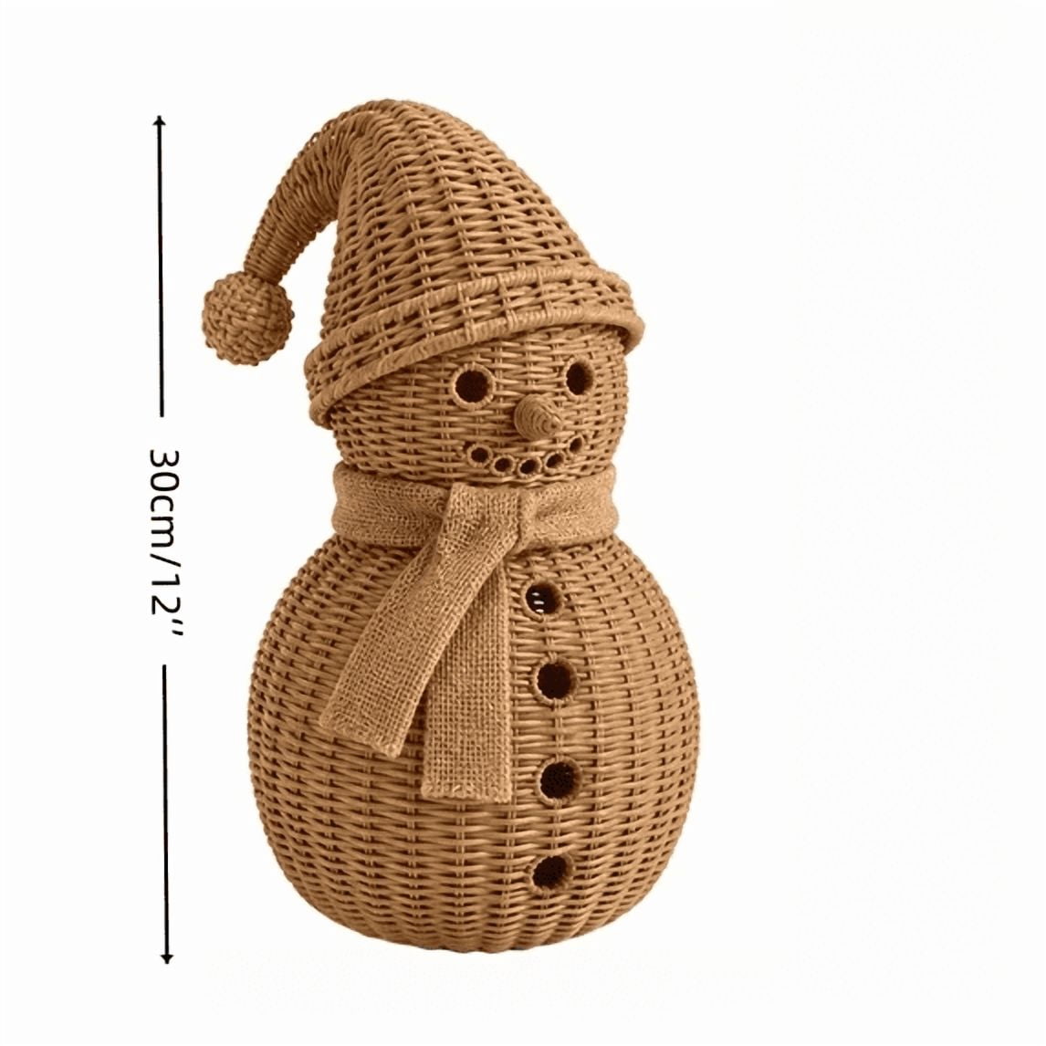 FeiBiQiuBi 14.9" Resin Rattan Style Snowman, Rustic Snowman Decorations with Bow, Woven Natural Style Freestanding Design Winter Farmhouse Decor for Home Kitchen Garden, Holiday Table Mantel Decor