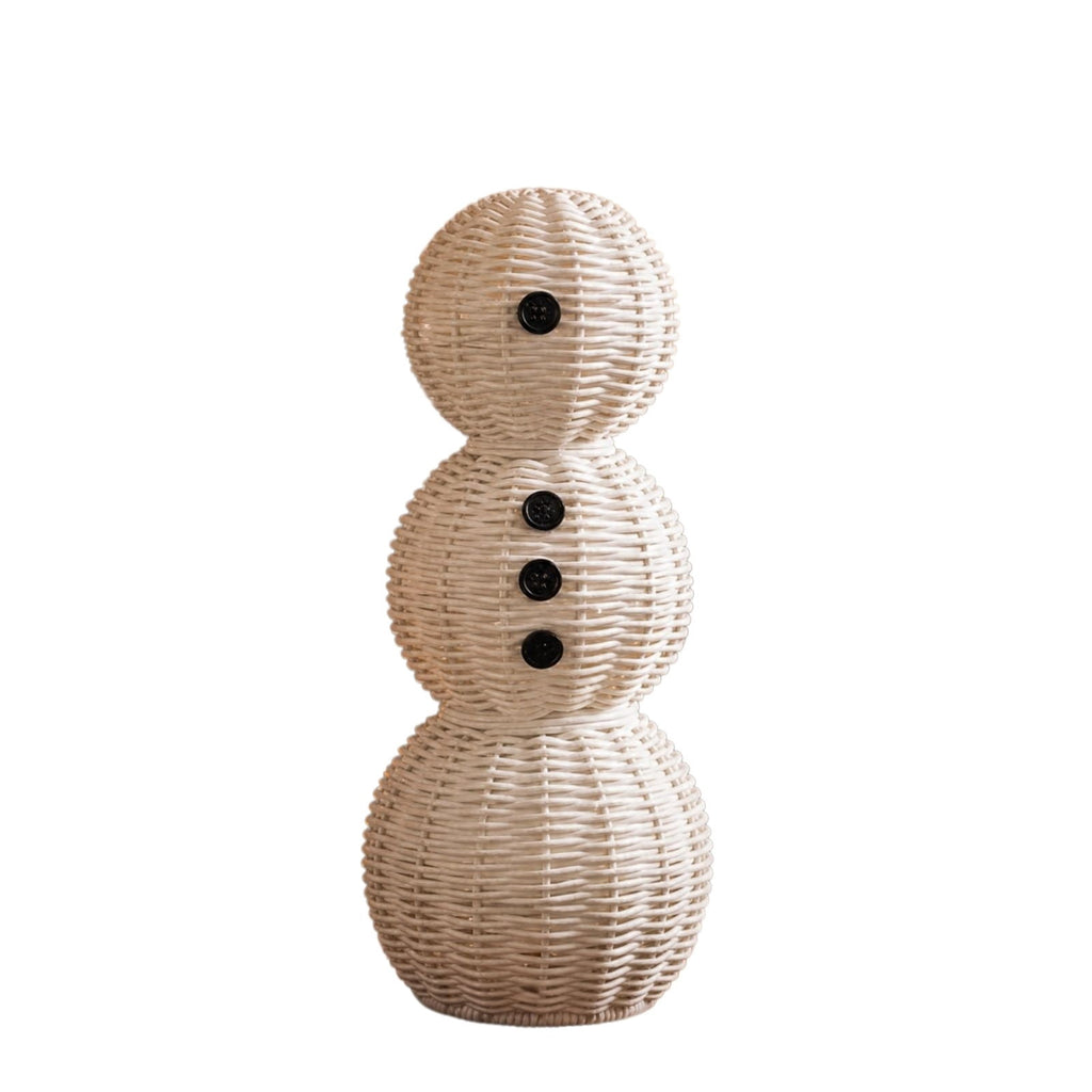 FeiBiQiuBi 14.9" Resin Rattan Style Snowman, Rustic Snowman Decorations with Bow, Woven Natural Style Freestanding Design Winter Farmhouse Decor for Home Kitchen Garden, Holiday Table Mantel Decor