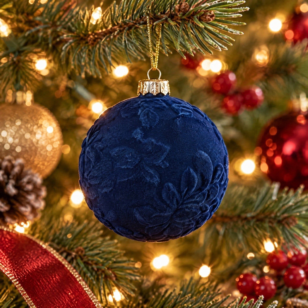 4-Count Dark Blue Velvet-Feel Ball Shatterproof Christmas Ornaments, 3.9", by Holiday Time