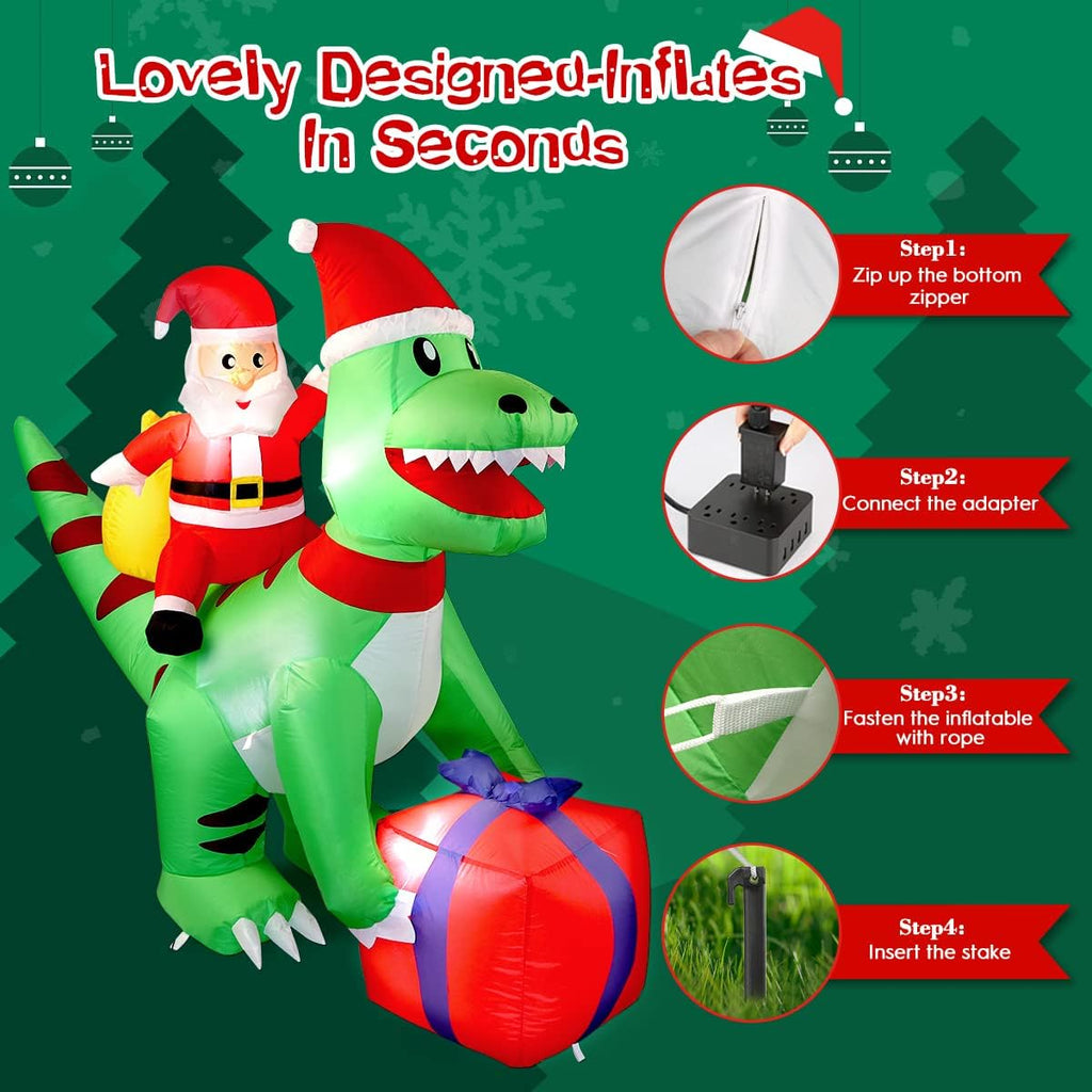 7FT Christmas Inflatable Decorations Clearance, Giant Xmas Santa Dinosaur Blow Up LED Light Up Indoor Outdoor Yard Decorations with Gift Box, Holiday Xmas Party Patio Garden Lawn New Year Kids Gifts