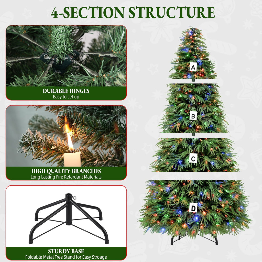 VIVATREES 7.5FT Premium Christmas Tree Pre-Lit Artificial Xmas with 550 Multi Color LED Lights, 5582 PVC PE Hinged Branch Tips Metal Base for Holiday Decor