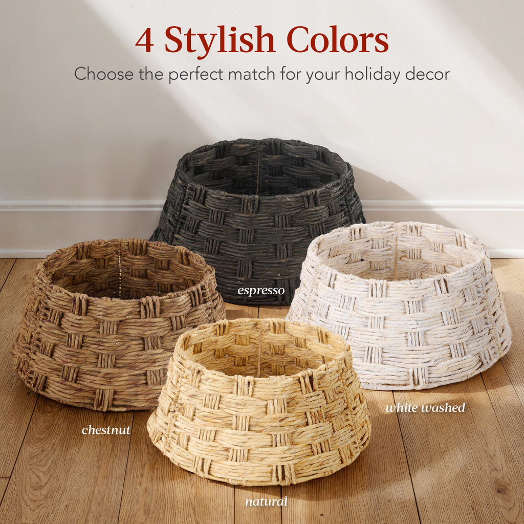 Best Choice Products 24in Basket Woven Hyacinth Christmas Tree Collar, Skirt Accessory w/ Cord Cut-Out- Espresso