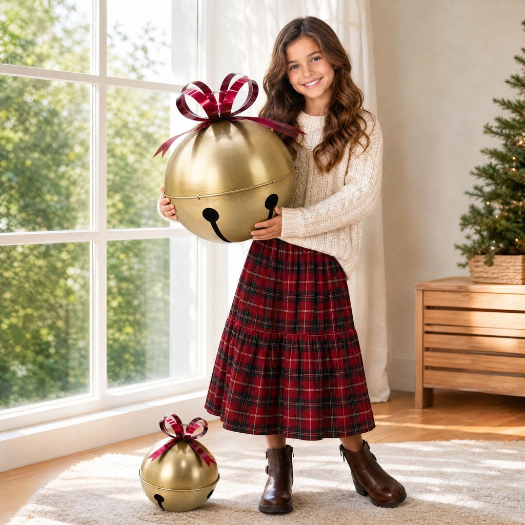 Luckky Oversized Gold Christmas Jingle Bell Ornament with Red Bow, Large Metal Sleigh Bell Decor, Giant Decorative Bell for Porch, Yard, Indoor Outdoor Christmas Holiday Display, Set Of 2