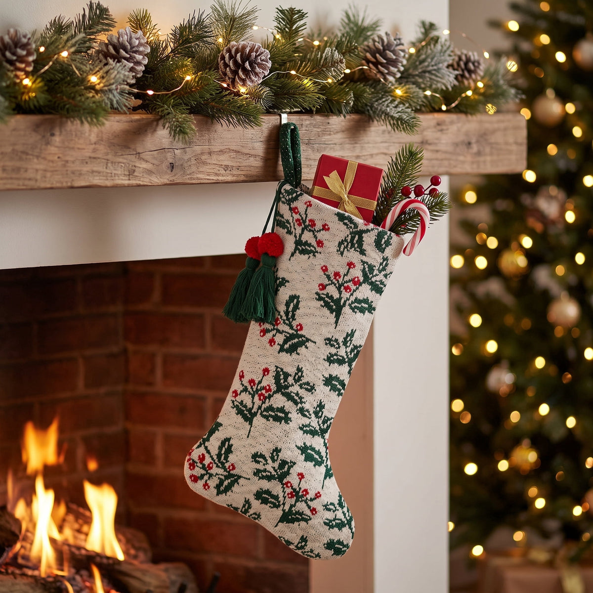 Holly Leaf Christmas Stocking, Multicolor, 19", by Holiday Time