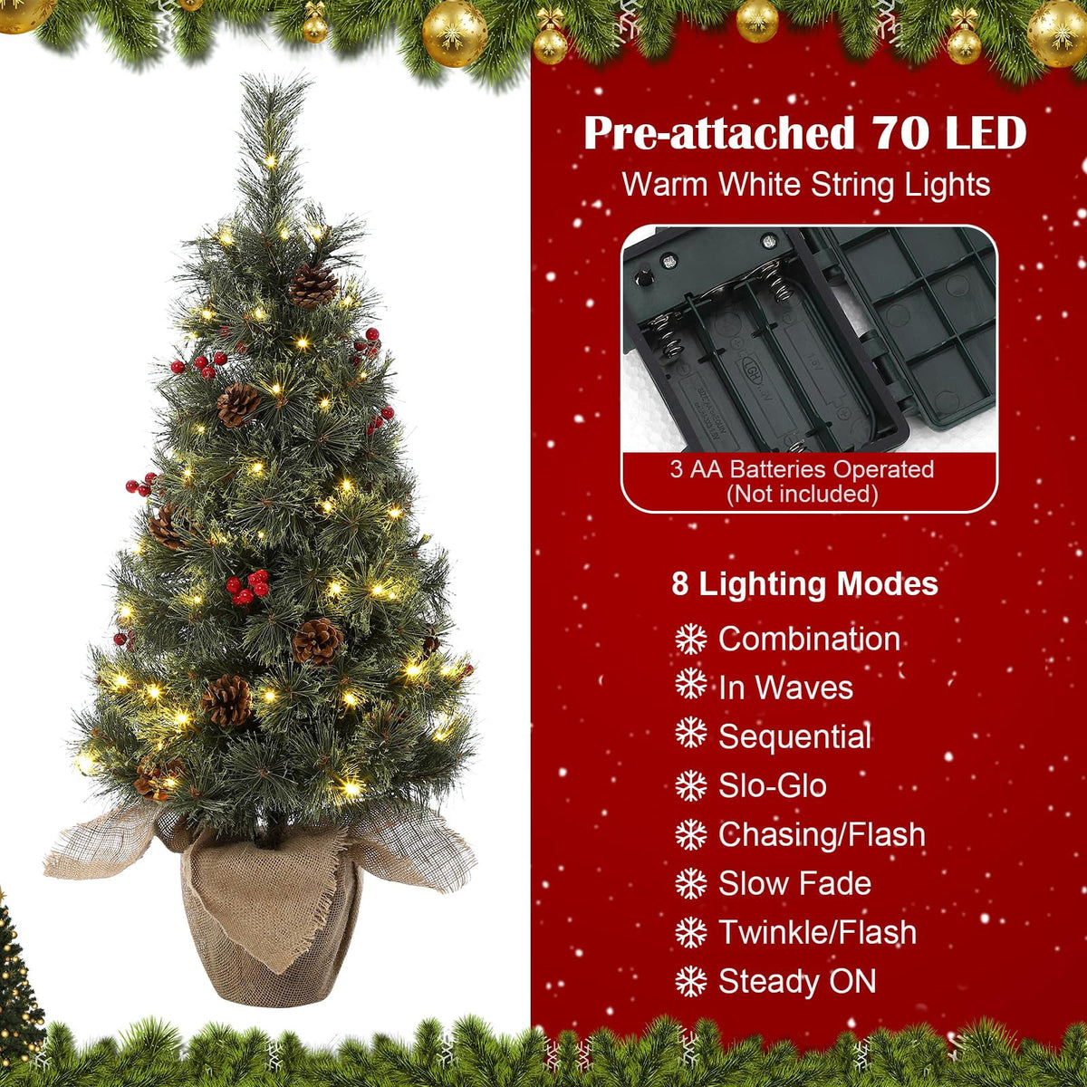 Huisuilinss Artificial Mini Christmas Tree,3FT Pre-Lit Christmas Tree,Tabletop Christmas Tree With Led Lights,Battery Powered Xmas Decoration For Fireplace Office Home Decor Indoor