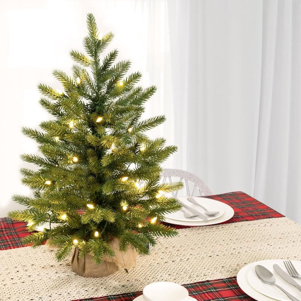 18"Pre-Lit 'Feel Real' Artificial Christmas Tree, Fir Christmas Tree, Premium Xmas Tree for Home, Office, Party Decoration, Includes Burlap Bag Base, Green, with warm light