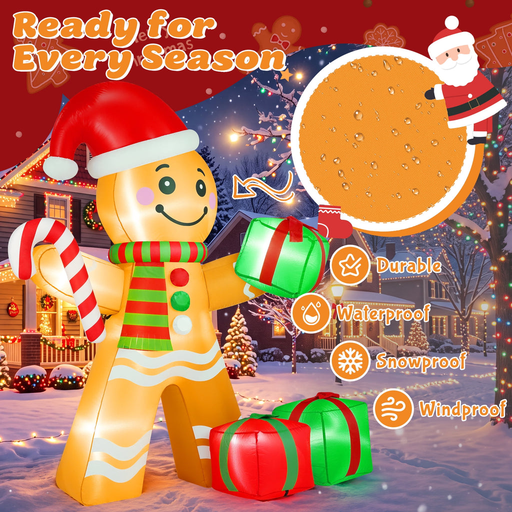 Yexmas 6FT Christmas Inflatable Gingerbread Man with Candy Cane and Gift Boxes, Blow Up Outdoor Yard Decor with Built-In LED Lights for Lawn Garden