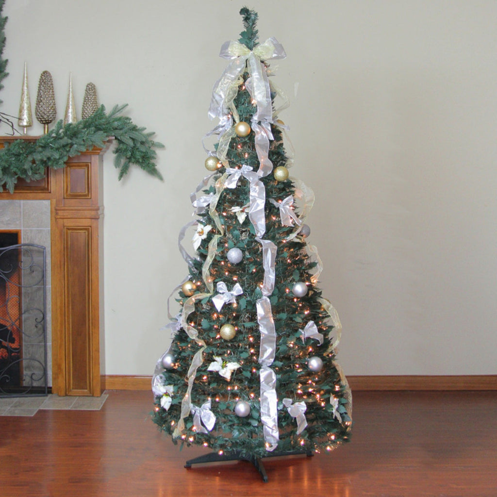 Northlight Multi-Color Prelit Incandescent Green Full Decorated Pop Up Christmas Tree, 6'