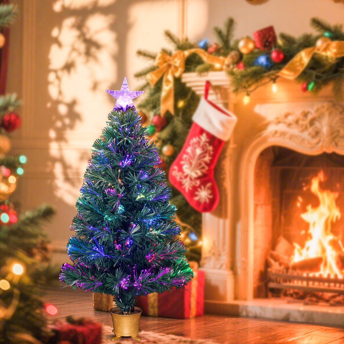 YUETJIN 3ft Pre-lit Mini Fiber Optic Tabletop Artificial Christmas Tree，Small Xmas Trees with Stars Decorations-transparent