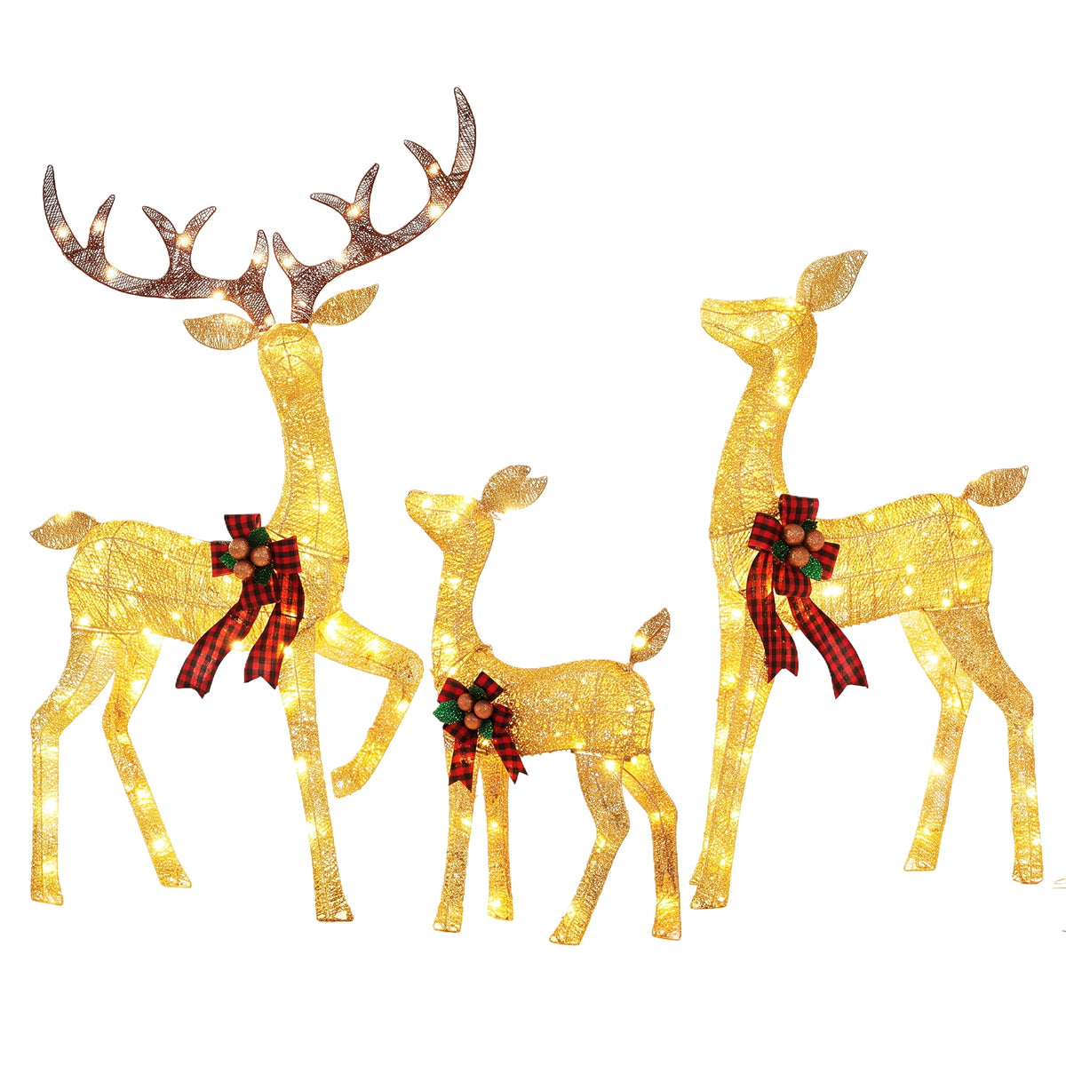 FOOWIN 3-Piece Large Christmas Deer Family, Lighted Outdoor Christmas Decoration, Champagne Gold