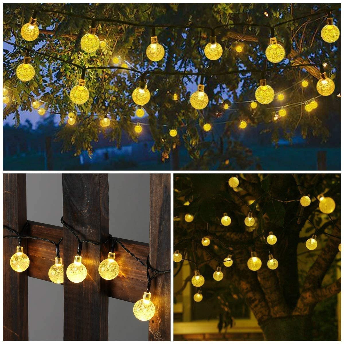Juhefa Solar String Lights Outdoor 60 Led 35.6 ft Crystal Globe Lights for Garden Yard Porch Wedding Party Decor (White)