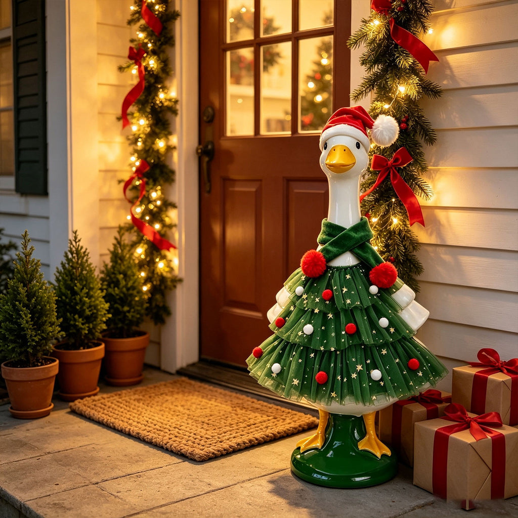 AZXY Thanksgiving Porch Goose Outfit, 23 Inch Lawn Goose Costume with Pilgrim Hat & Pumpkin Turkey Print Dress, Goose Clothes for Cement Plastic Goose Statue, Outdoor Yard Patio Fall Garden Decor