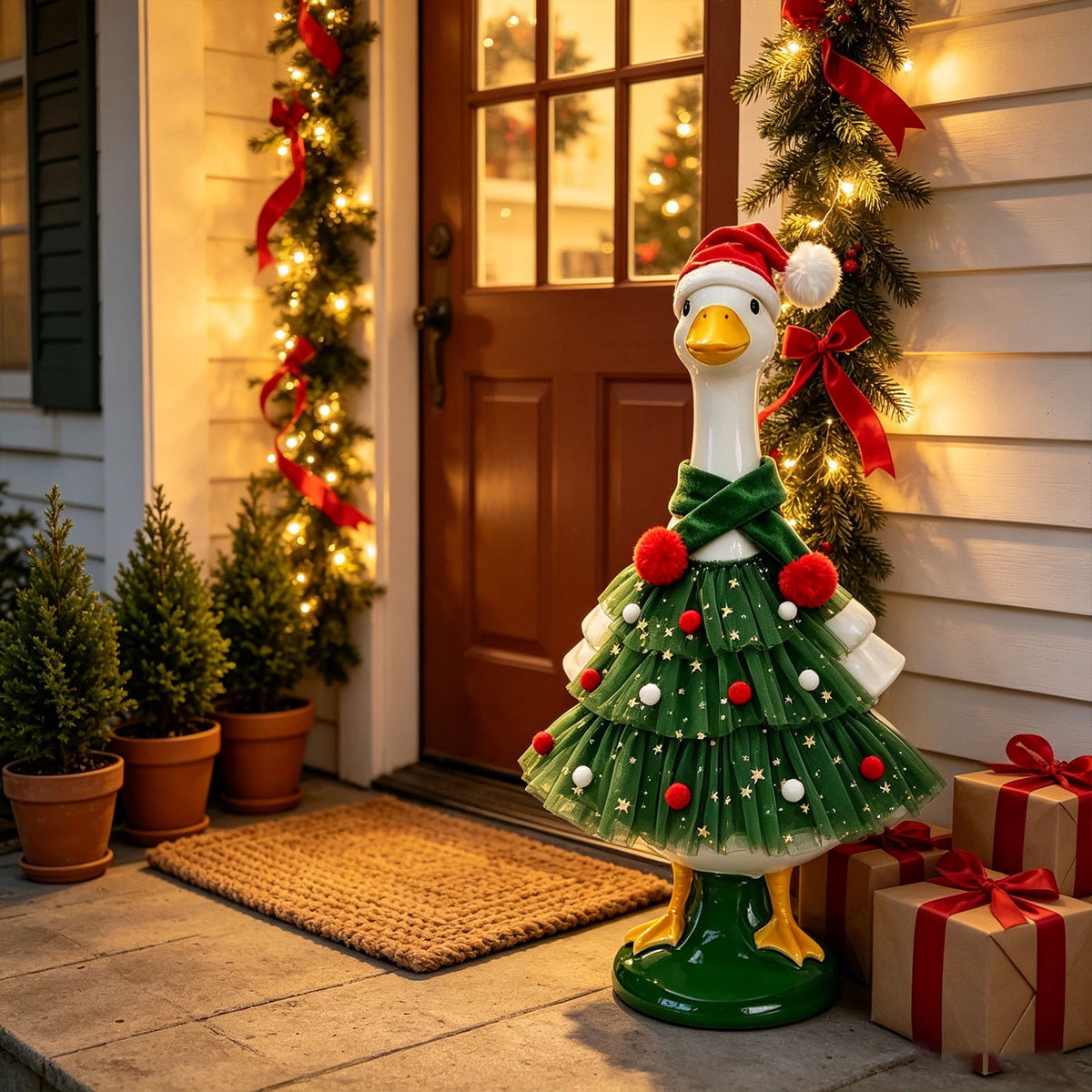 AZXY Thanksgiving Porch Goose Outfit, 23 Inch Lawn Goose Costume with Pilgrim Hat & Pumpkin Turkey Print Dress, Goose Clothes for Cement Plastic Goose Statue, Outdoor Yard Patio Fall Garden Decor