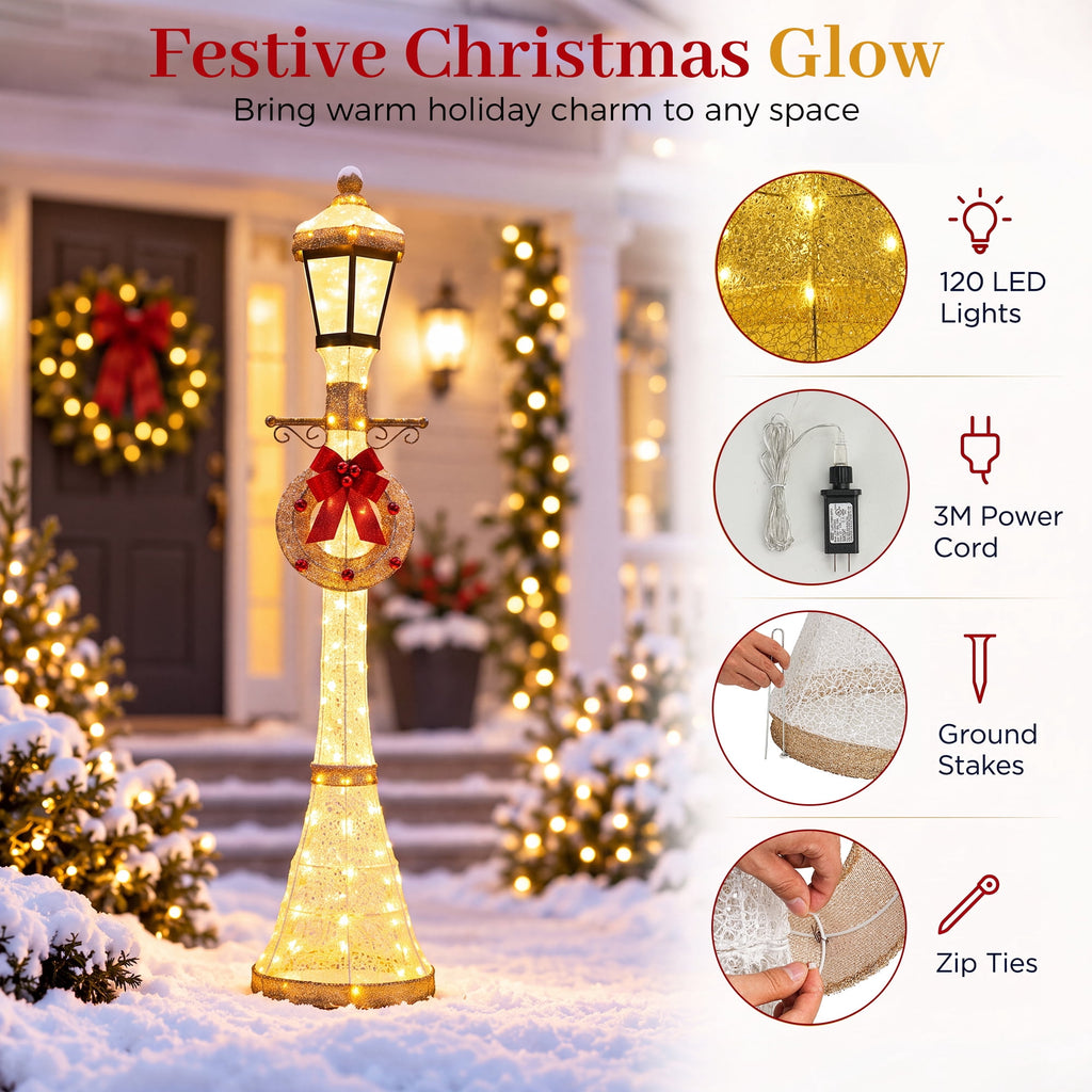 FOOWIN 6FT Christmas Lamppost Set of 2, Outdoor Christmas Lamp Post Decoration with 120 LED Lights, Holiday Porch Lamp Post Decor, Gold