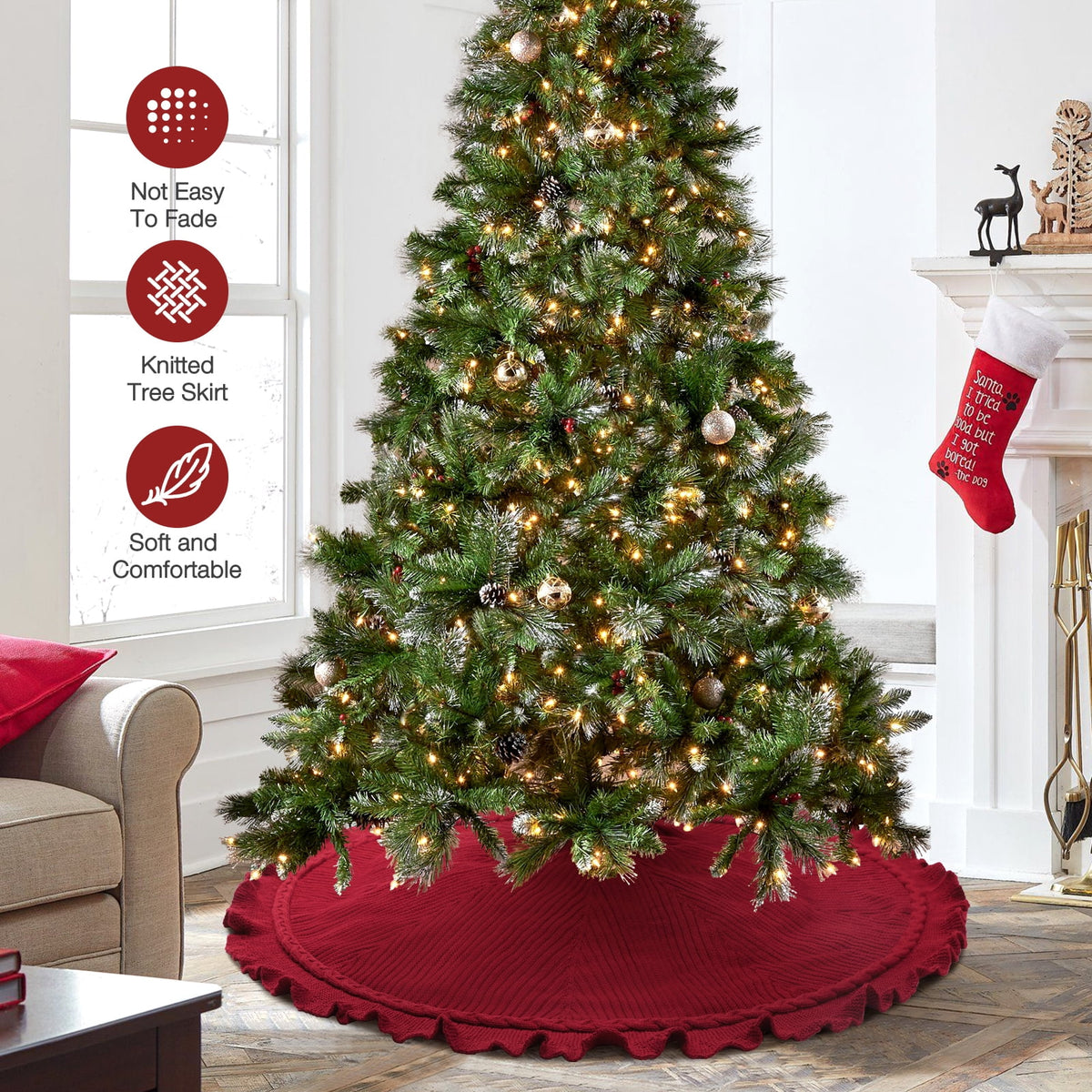 Ayieyill Christmas Tree Skirt, 48 inches Cable Knit Knitted Thick Rustic Xmas Tree Skirts Decoration, Red Tree Skirt Christmas Decoration, Burgundy