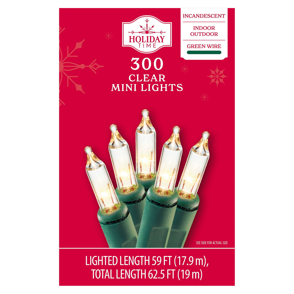 Indoor/Outdoor 300-Count Incandescent Mini Christmas String Lights, Clear, Green Wire, 59', by Holiday Time