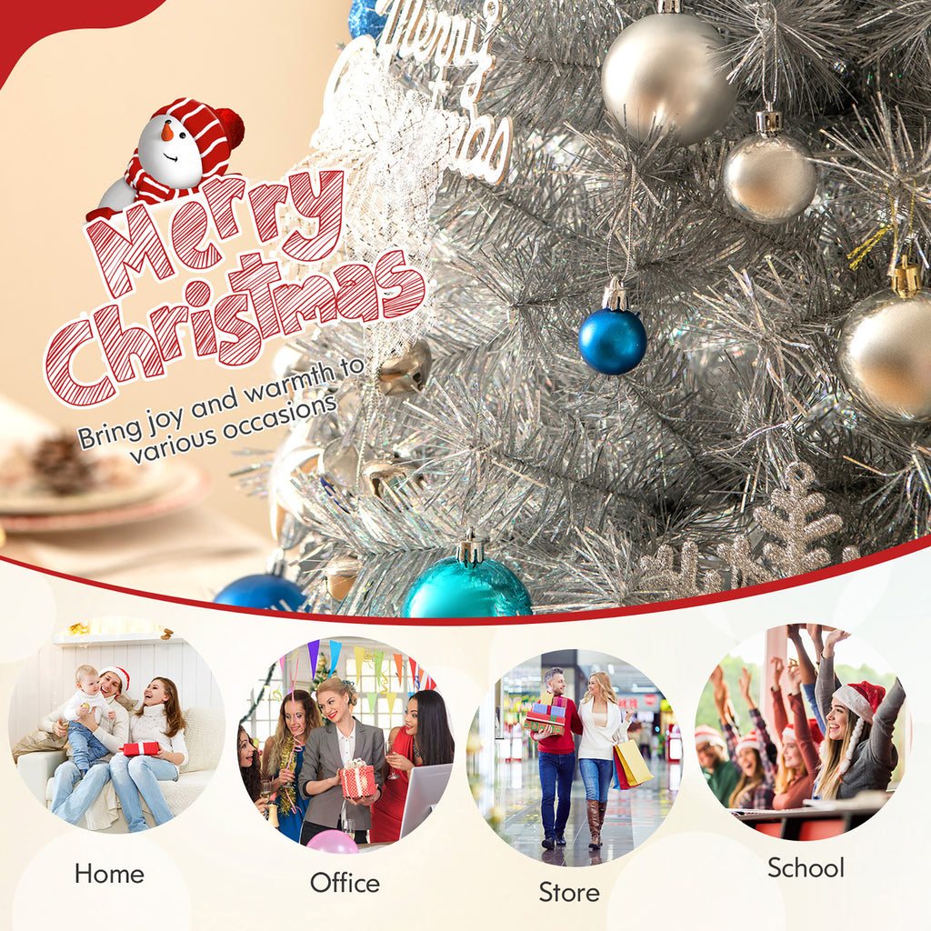 Gymax 7 FT Pre-Lit Artificial Christmas Tree Silver Tinsel Hinged Xmas Tree