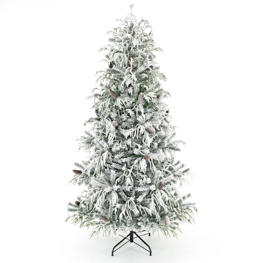 Costway 7 ft Flocked Cypress Christmas Tree with 710 Full PE Branch Tips, 350 LED Lights Sparse-Style White