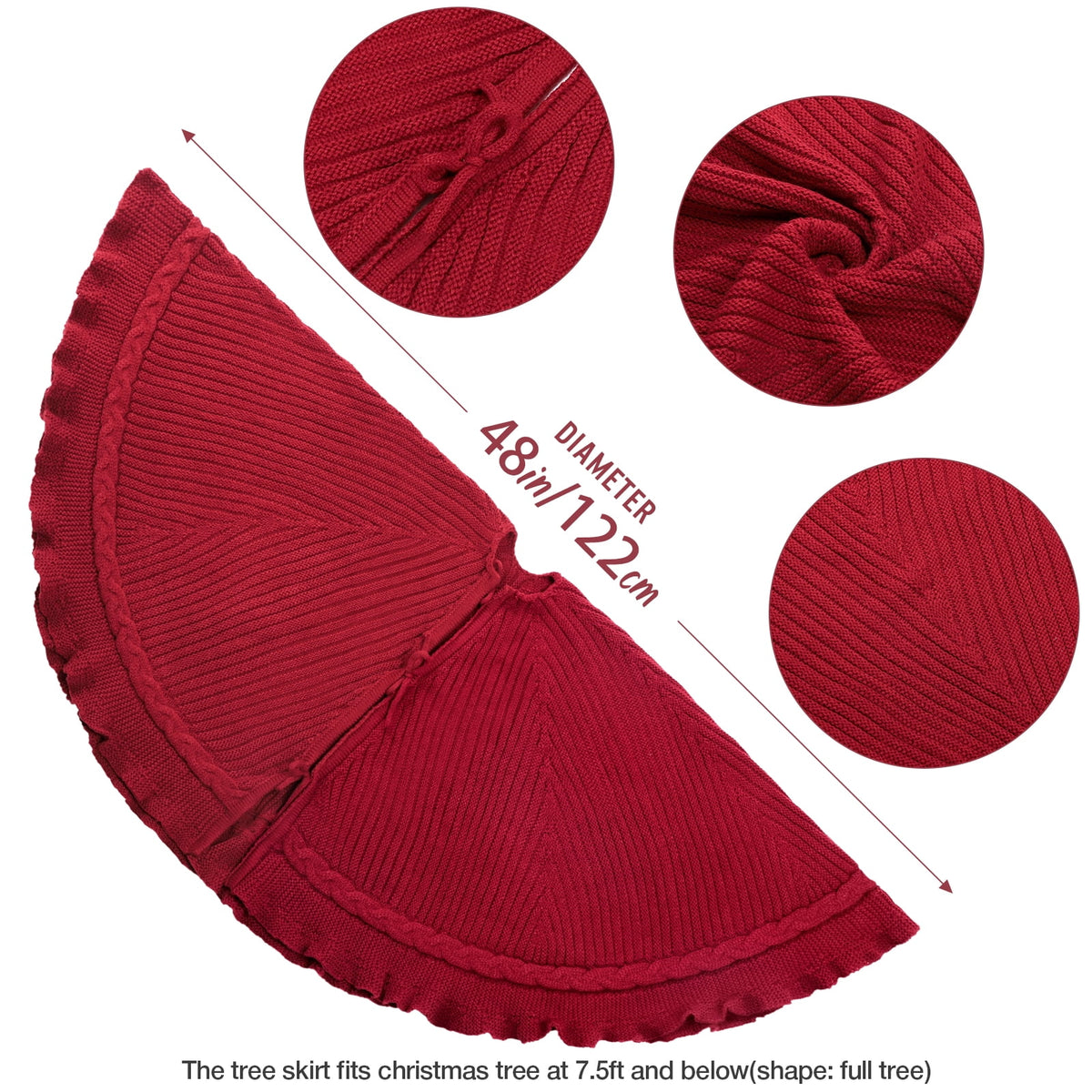 Ayieyill Christmas Tree Skirt, 48 inches Cable Knit Knitted Thick Rustic Xmas Tree Skirts Decoration, Red Tree Skirt Christmas Decoration, Burgundy