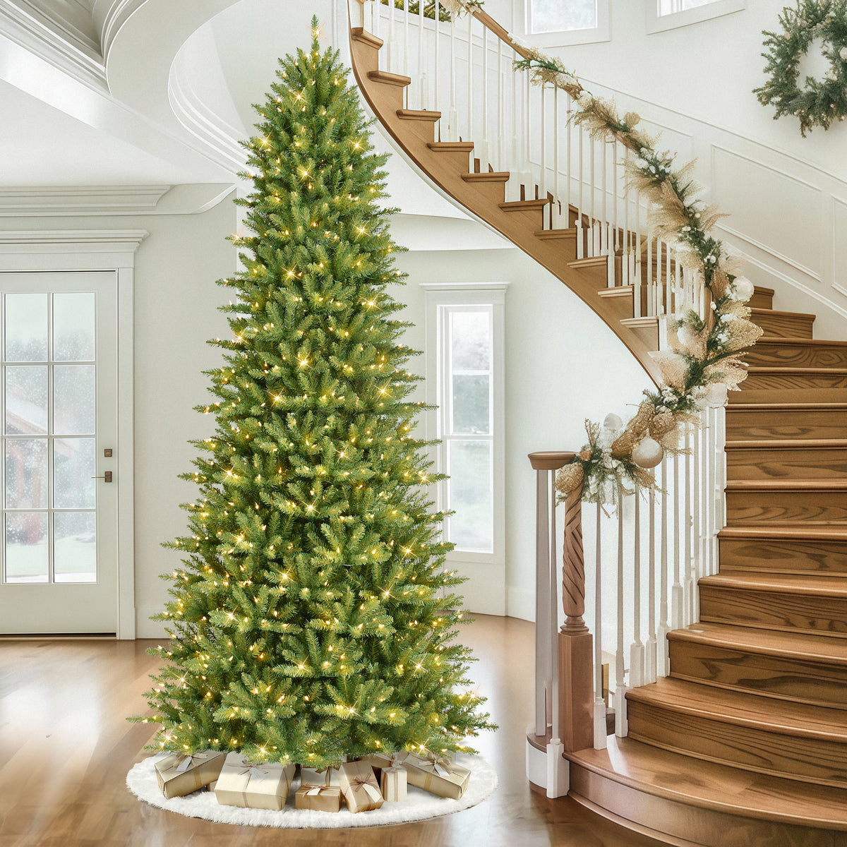 Puleo International Pre-Lit 12 ft Slim Fraser Fir Artificial Christmas Tree with 1,200 Clear Lights