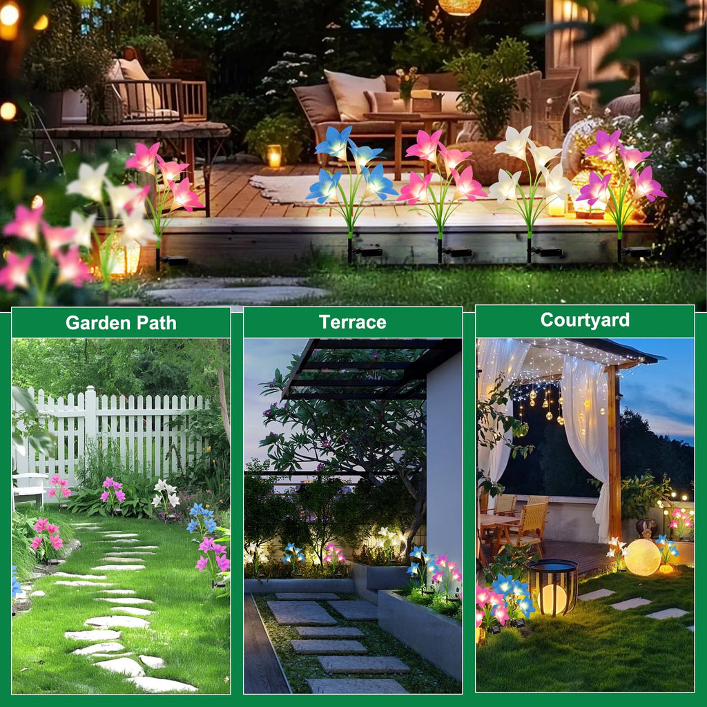 Solar Garden Lights Outdoor, 6 Packs Solar Lily Flower Lights Waterproof, Color Changing LED Solar Lights Outdoor Decorative, Bigger Solar Panel for Outside Patio Garden Pathway Yard Decoration