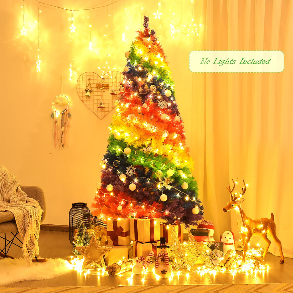 Costway 7FT Artificial Hinged Colorful Rainbow Full Fir Christmas Tree with 1213 Tips