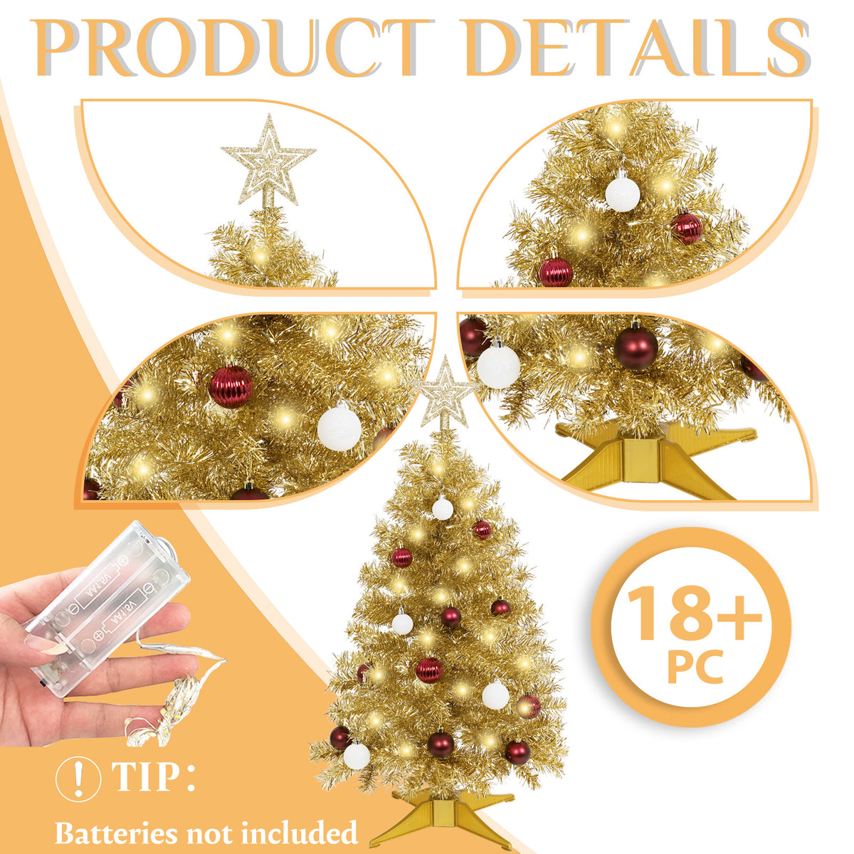 THE BRIVE Artificial Christmas Tree Champagne Includes Ornaments & Star 3ft with LED lights
