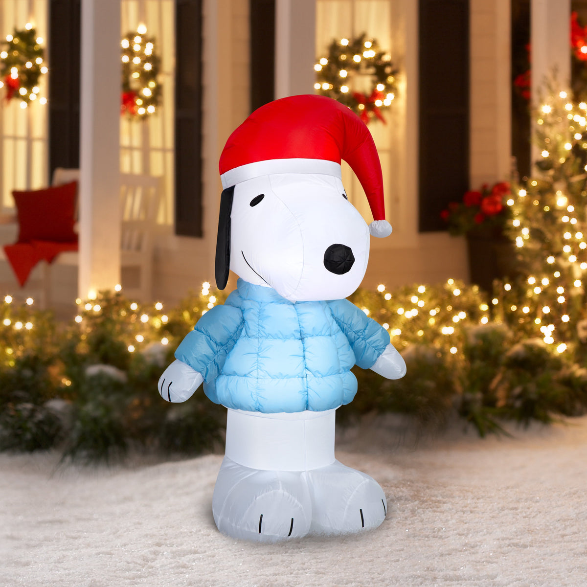 Christmas Peanuts Snoopy in Puffer Sweater and Santa Hat LED Yard Inflatable 5ft