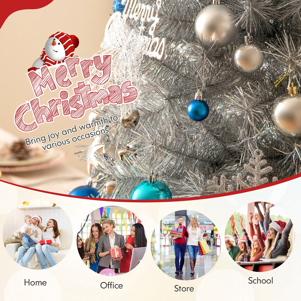 Gymax 7 FT Pre-Lit Artificial Christmas Tree Silver Tinsel Hinged Xmas Tree