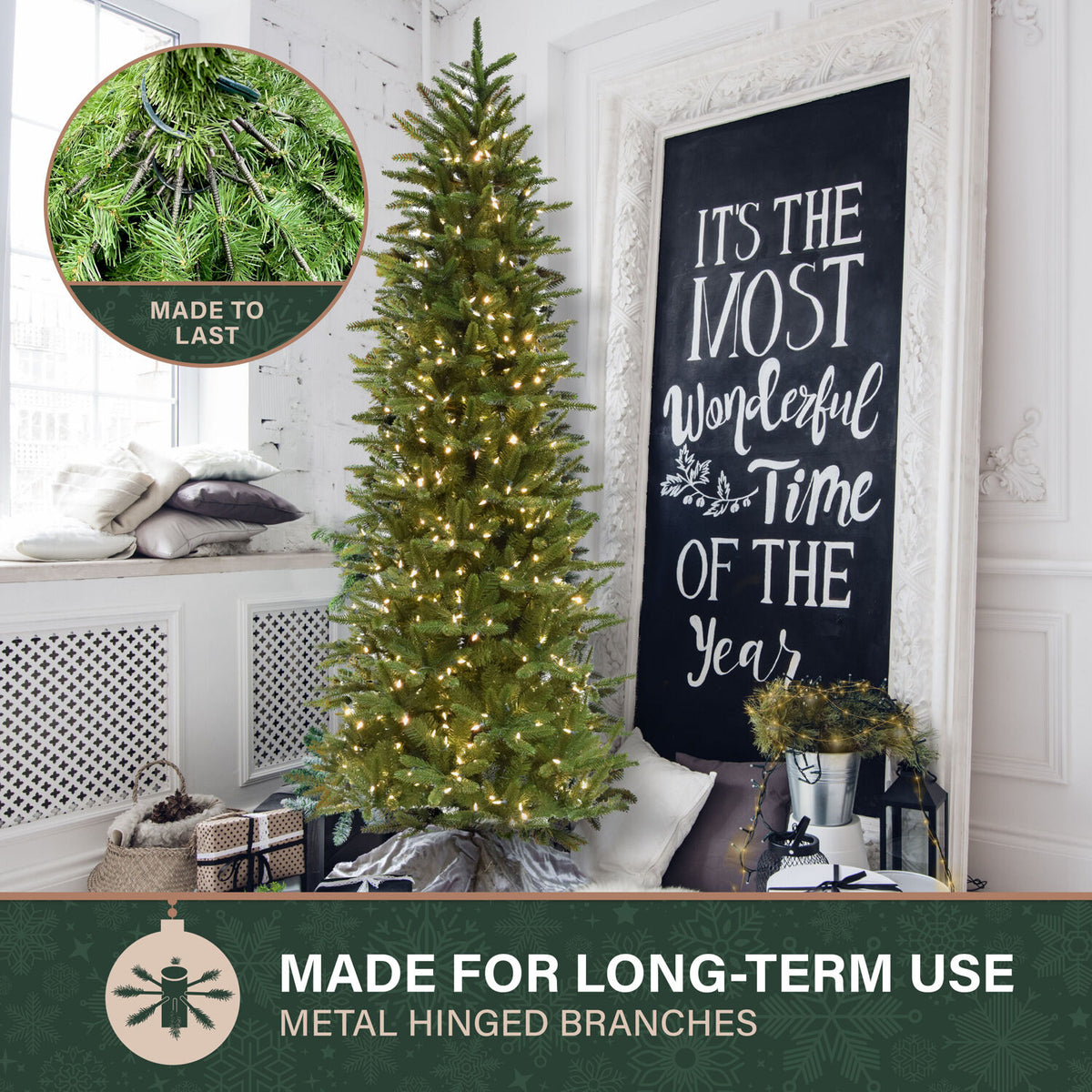 Fraser Hill Farm 6.5-Ft. Carmel Pine Slim Christmas Tree with White Incandescent Smart Lights, FFCP065-3GR