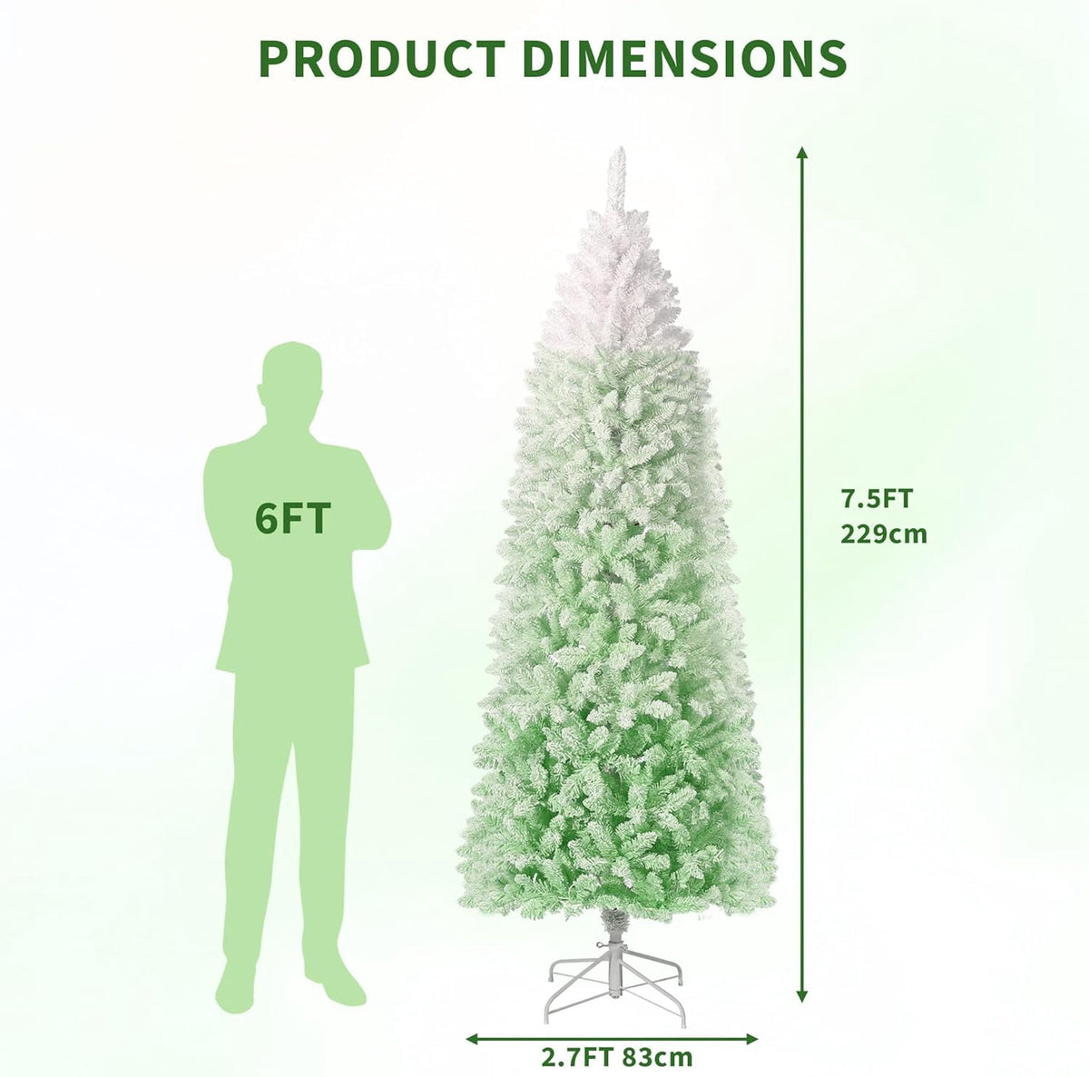 4.5/6/7.5/9 ft Flocked Pencil Christmas Tree with 100 Lights, Pre Lit Tall Skinny Christmas Tree with PVC Branch Tips, Premium Hinged Xmas Tree with Metal Base, Slim Artificial Christmas Tree