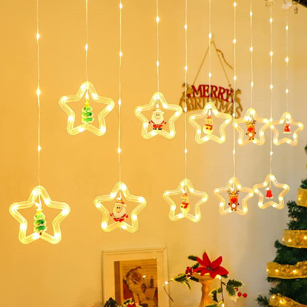 WILLED Christmas String Lights, 120 LED Window Curtain Lights with Christmas Ornaments, 9.8ft USB Powered Warm White Waterproof Fairy Lights Indoor Outdoor for Xmas Tree Patio Garden Party Home Decor