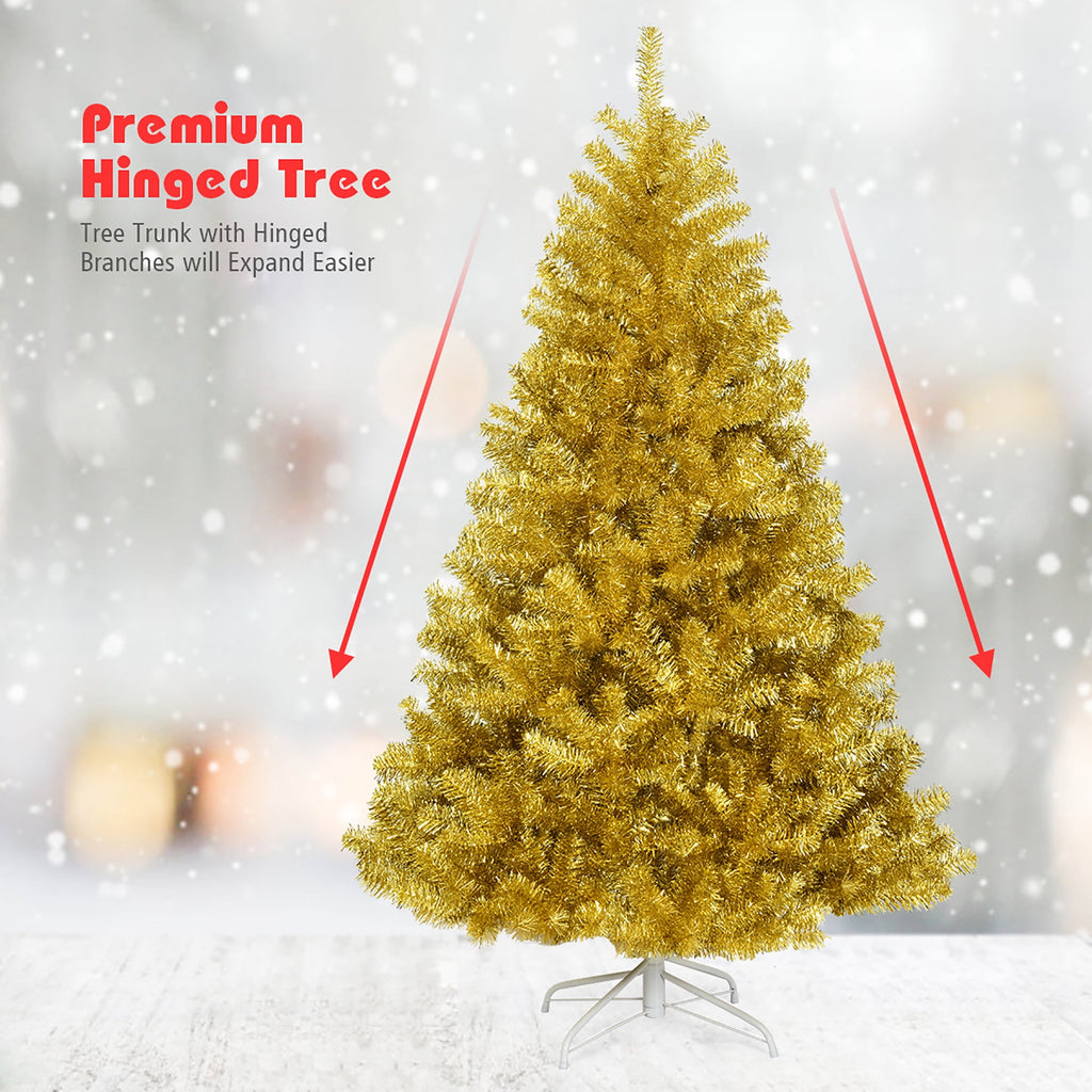 Costway 6ft Artificial Tinsel Christmas Tree Hinged w/1036 Tips Foldable Stand Champagne