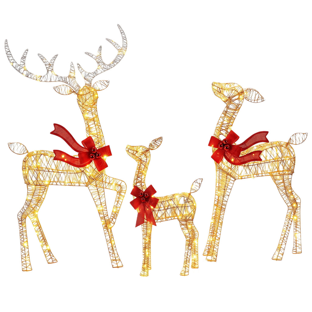 FOOWIN 3-Piece Large Christmas Deer Family, Lighted Outdoor Christmas Decoration, Champagne Gold