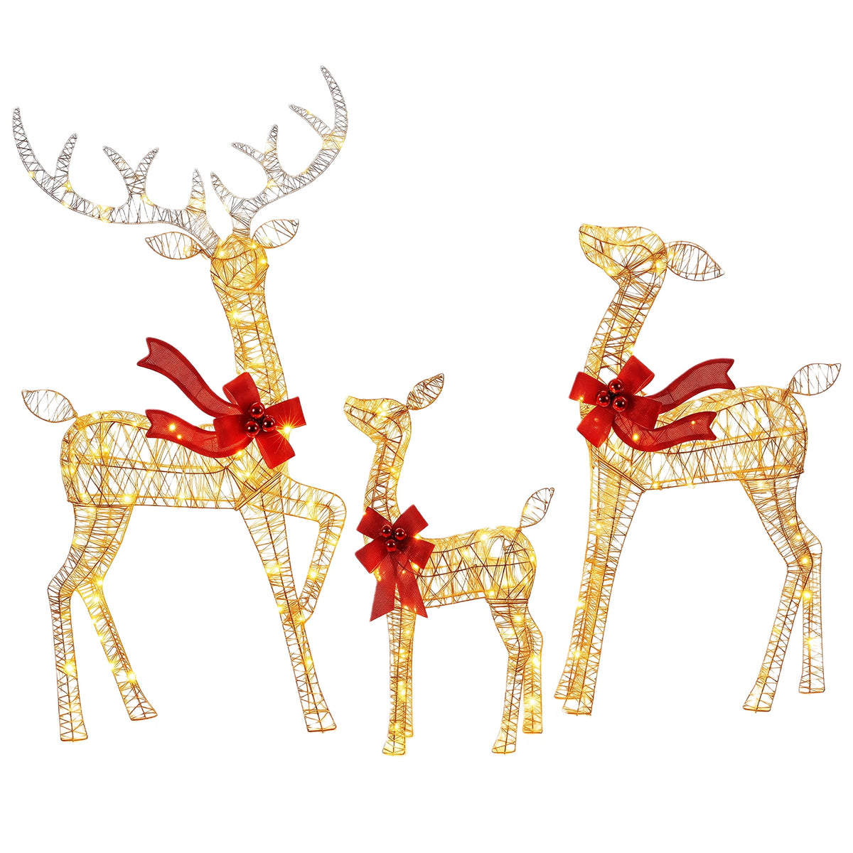 FOOWIN 3-Piece Large Christmas Deer Family, Lighted Outdoor Christmas Decoration, Champagne Gold