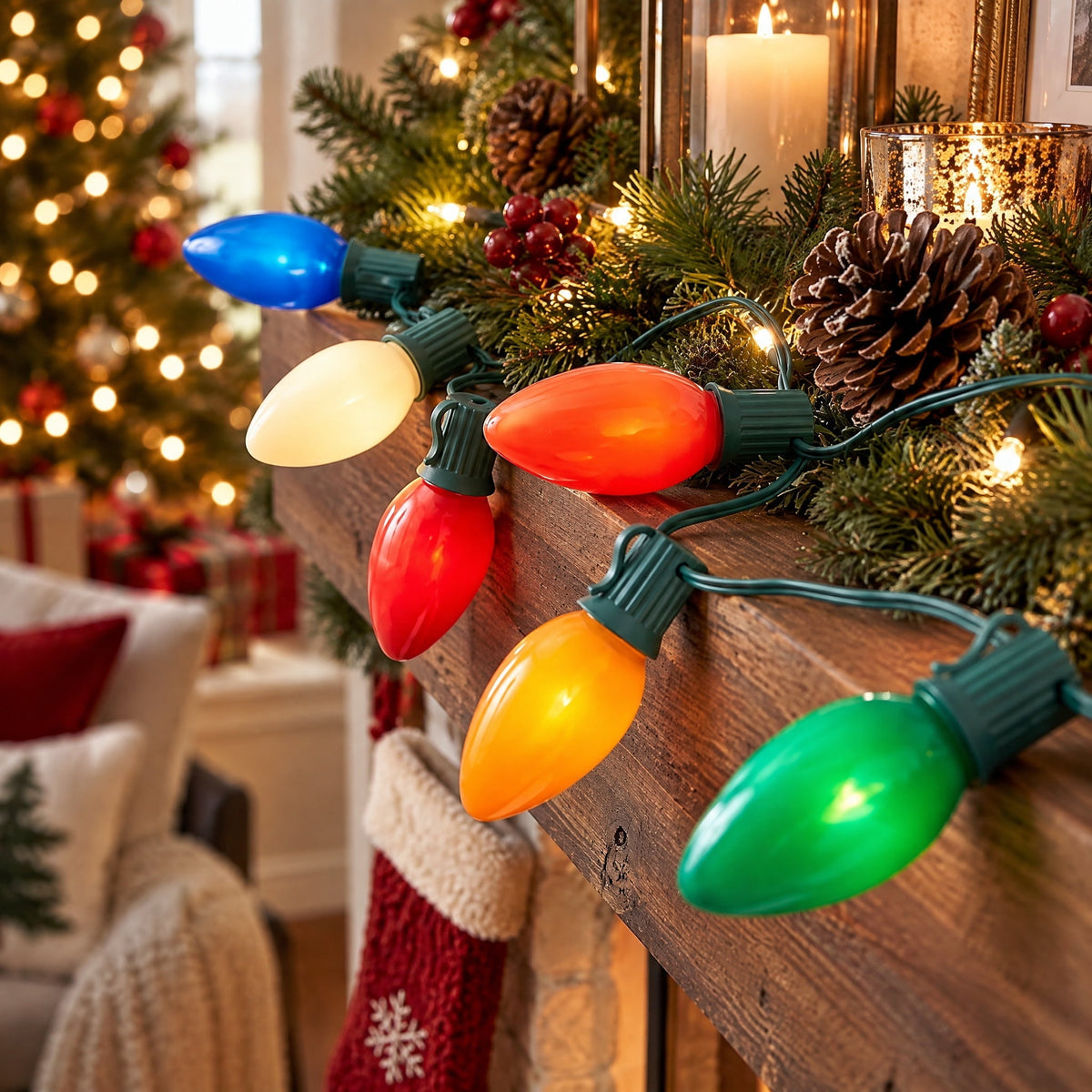 Indoor/Outdoor 25-Count LED Extra Bright Vintage-Style C9 Christmas String Lights, Warm White, Green Wire, 14', by Holiday Time