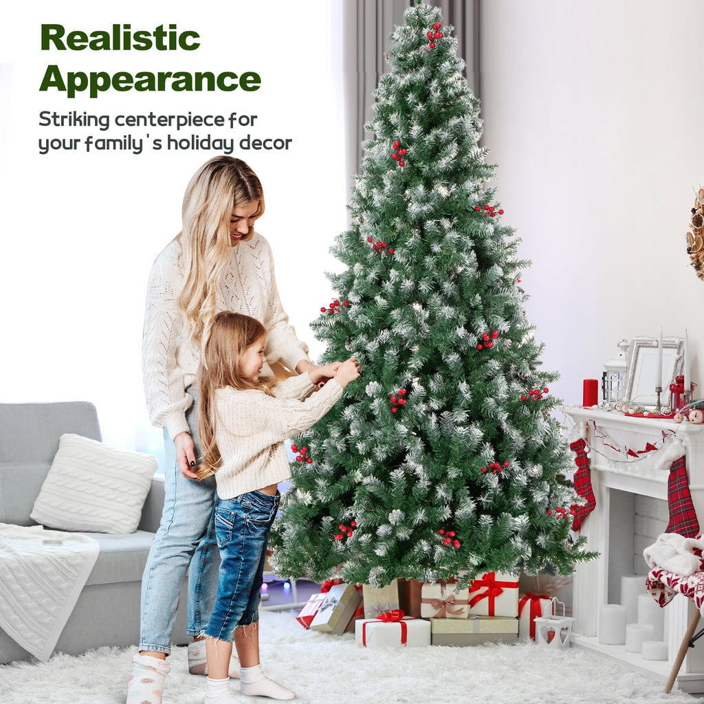 6FT Pre-Decorated Artificial Christmas Tree w/ 800 PVC Branch Tips, Red Berries for Home Office Party Decoration, Partially Flocked Design Xmas Trees w/ Dense Branches & Metal Stand