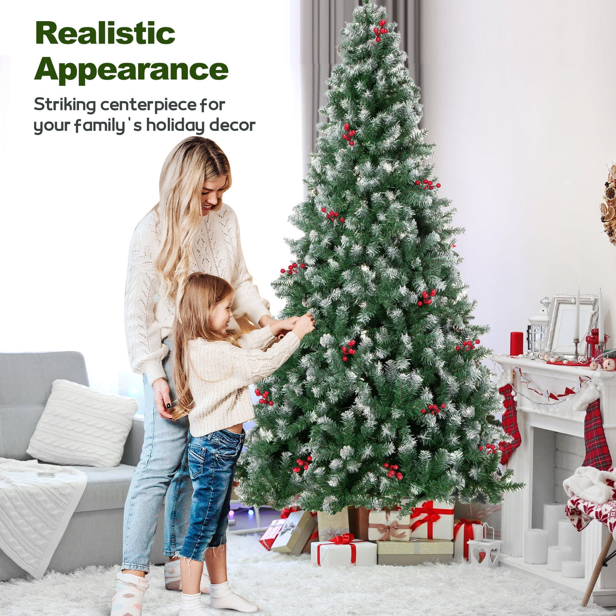 6FT Pre-Decorated Artificial Christmas Tree w/ 800 PVC Branch Tips, Red Berries for Home Office Party Decoration, Partially Flocked Design Xmas Trees w/ Dense Branches & Metal Stand
