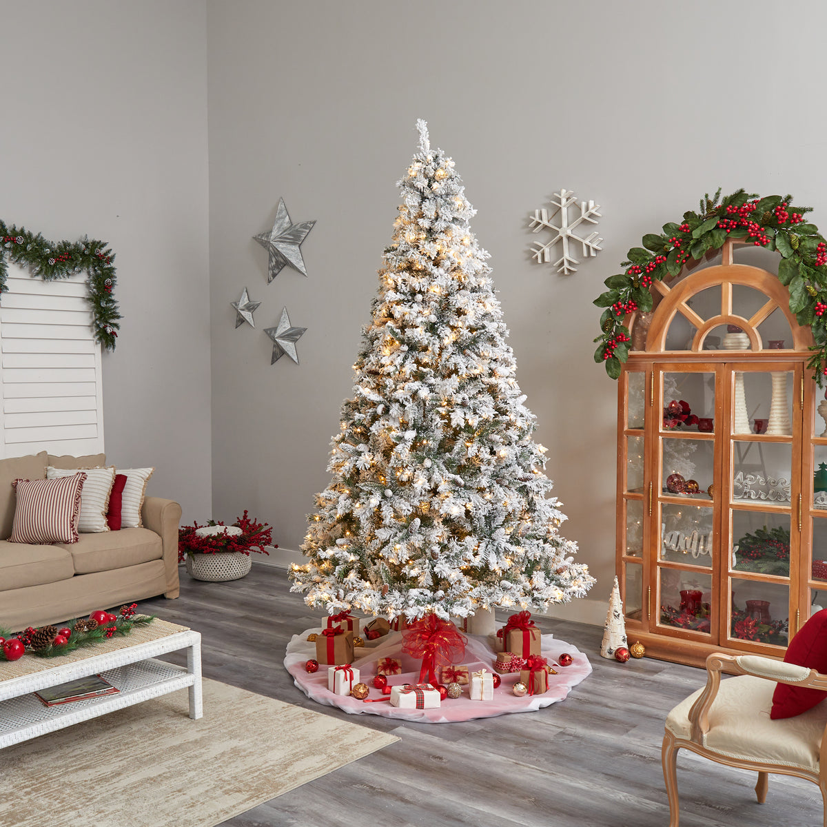 Nearly Natural River Mountain Clear Prelit LED Green Flocked Pine Christmas Tree, with Pinecones 9'