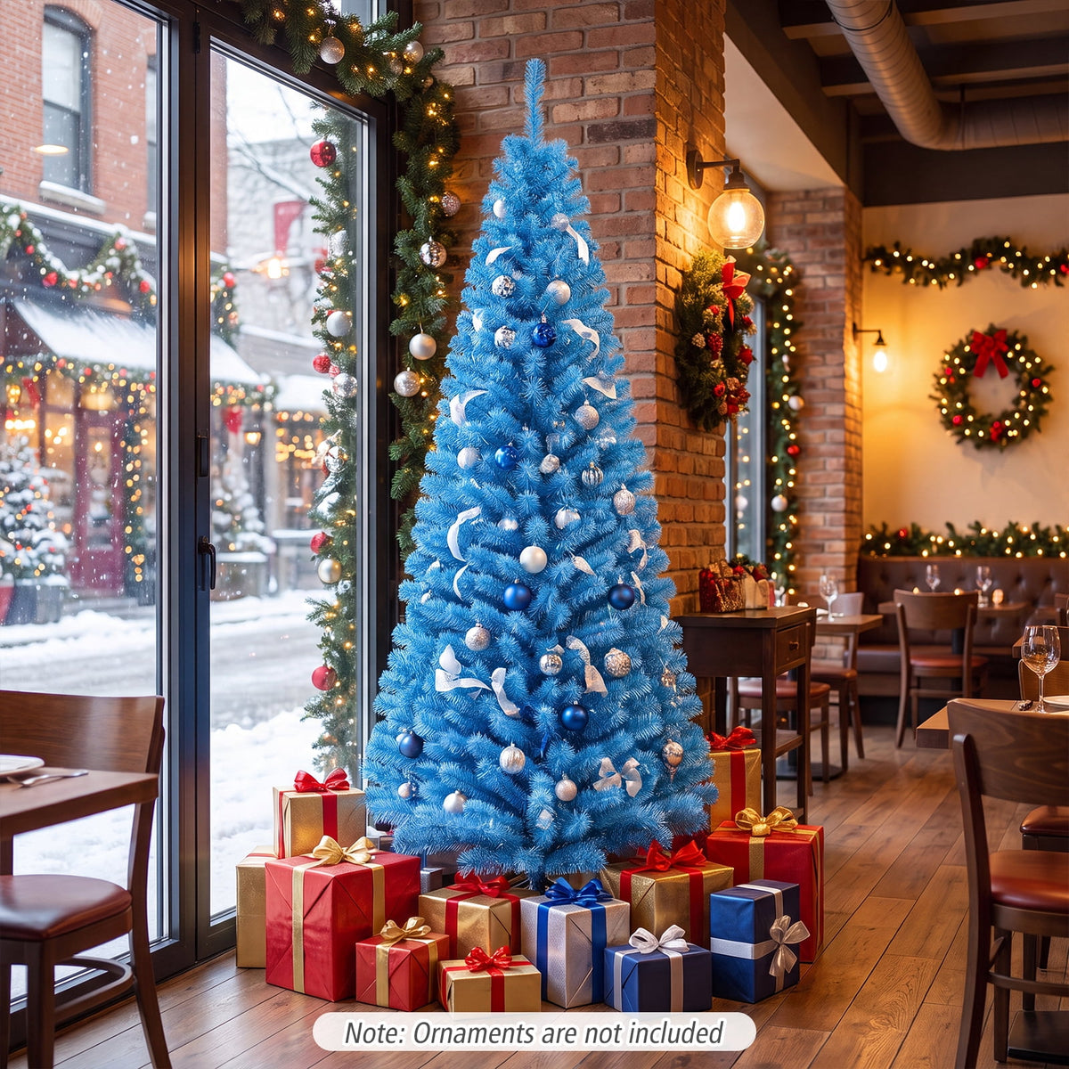 Patiojoy 6FT Blue Tinsel Artificial Pencil Christmas Tree w/ Sturdy Metal Stand Seasonal Holiday Decoration for Home, Party