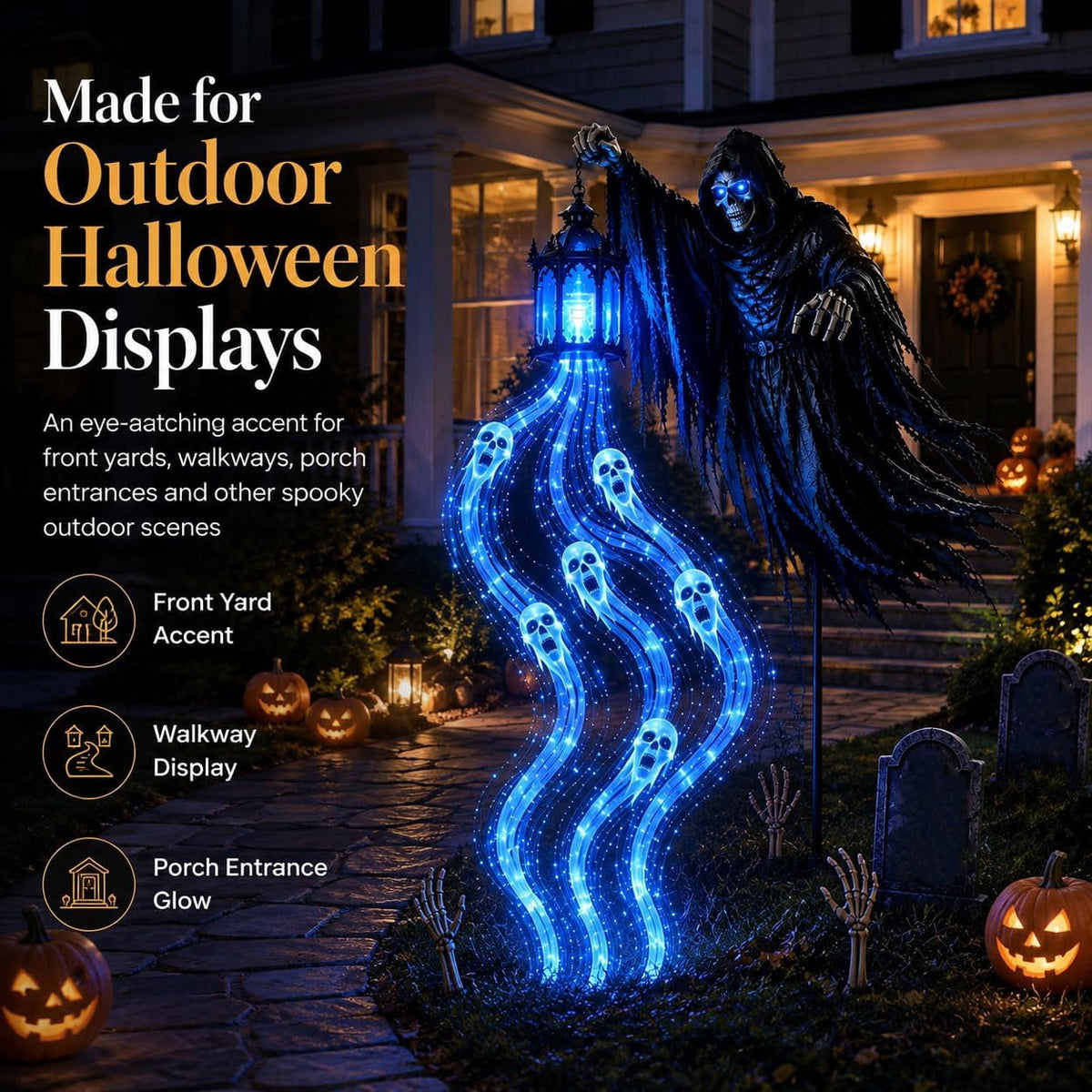 1PC Halloween Soul Harvester Iron Garden Stake Light Halloween Decor, 31.5 Inch Grim Reaper Figurine with Glowing Gothic Silhouette, Solar Powered Waterproof Outdoor Lamp for Yard and Patio