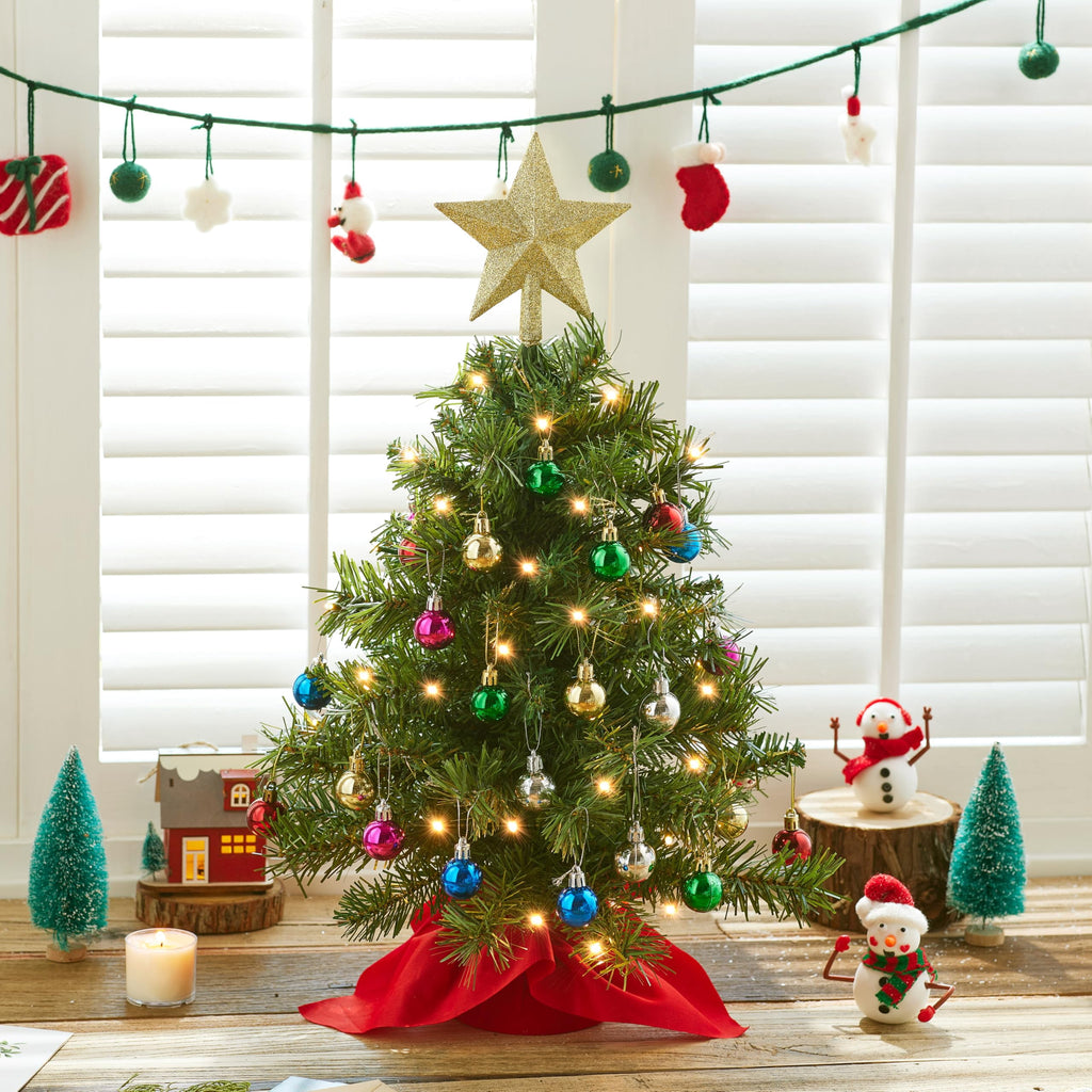 Joyfy 24"/2.4 FT Tabletop Small Christmas Tree with Lights, Prelit Artificial Mini Xmas Tree Set with Star and Ornaments for Party Decorations