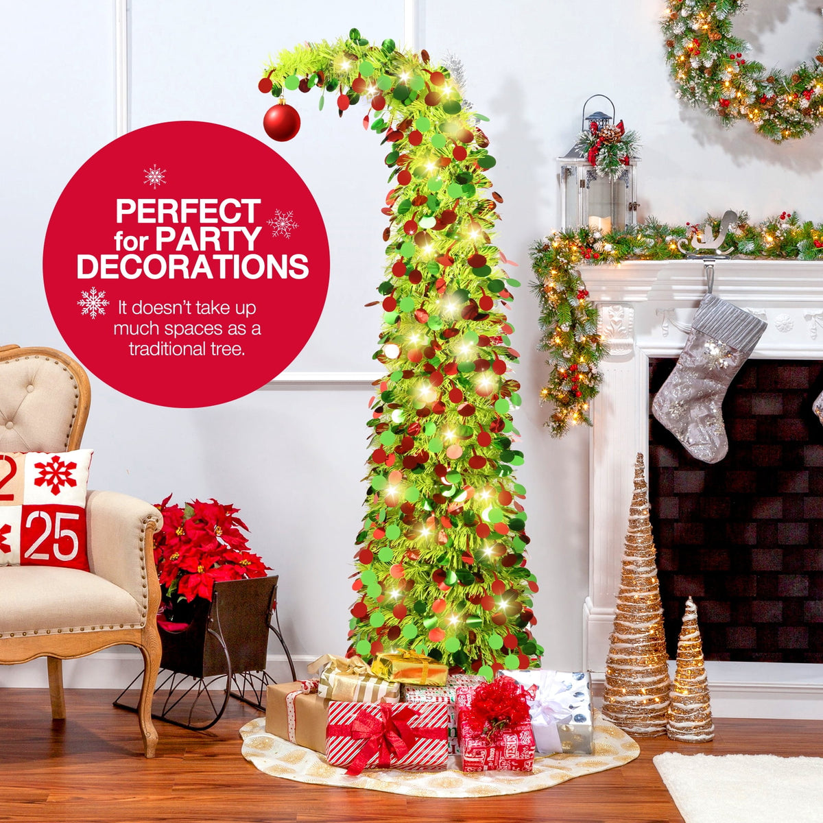 Ayieyill 5ft Pop up Christmas Tree,Color Artificial Pencil Tinsel Xmas Trees for Christmas Indoor Decorations, Collapsible Christmas Tree (Silver)