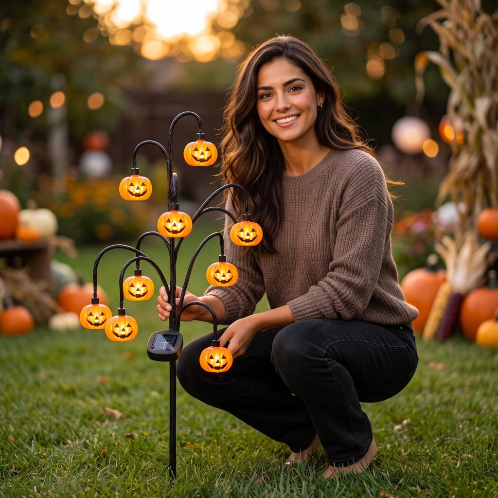 Stijggn Halloween Pumpkin Stake Solar Garden Lights, Waterproof Multi Branch Little Pumpkin Lantern Garden Stake Lights Outdoor Walkway Yard Garden Decoration