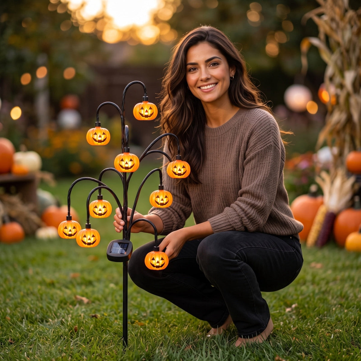 Stijggn Halloween Pumpkin Stake Solar Garden Lights, Waterproof Multi Branch Little Pumpkin Lantern Garden Stake Lights Outdoor Walkway Yard Garden Decoration