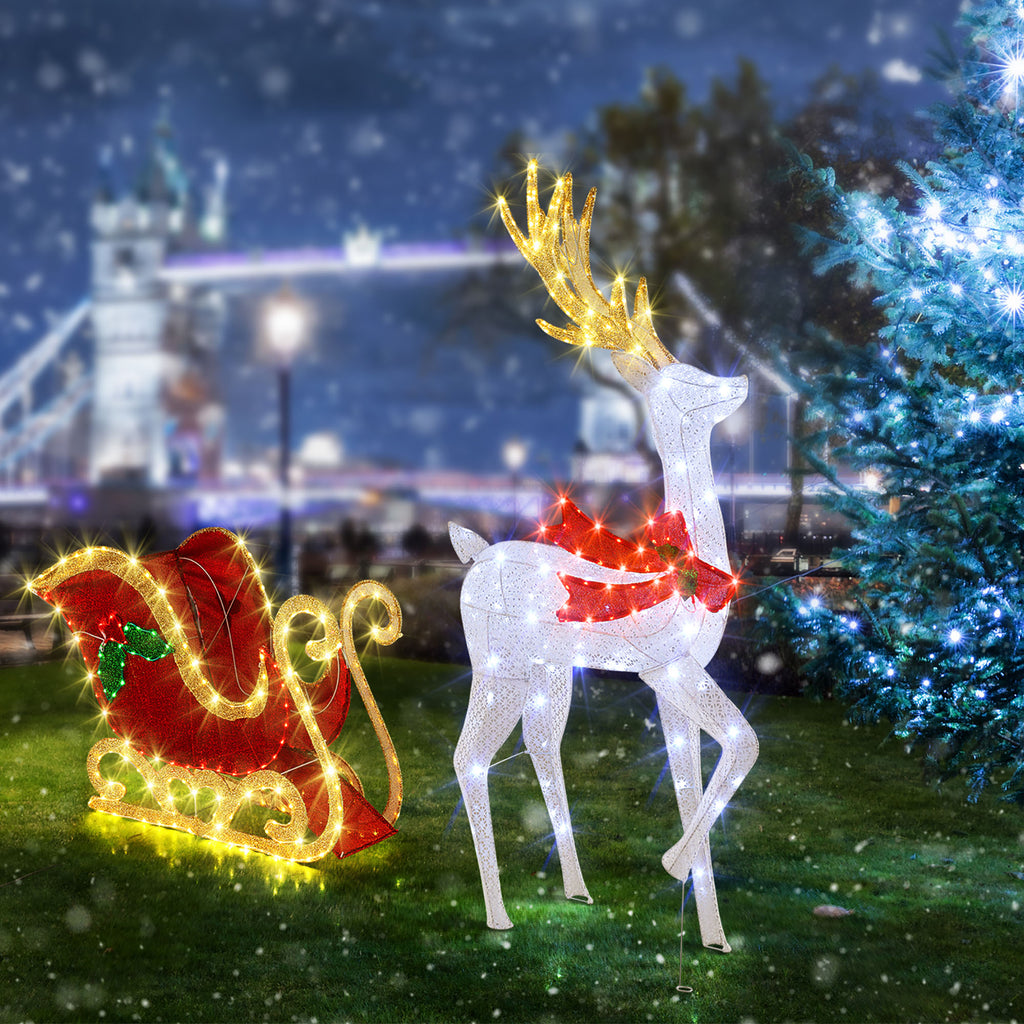 Gymax Lighted Christmas Reindeer & Sleigh Set Light-up Xmas Decorations w/462 LED