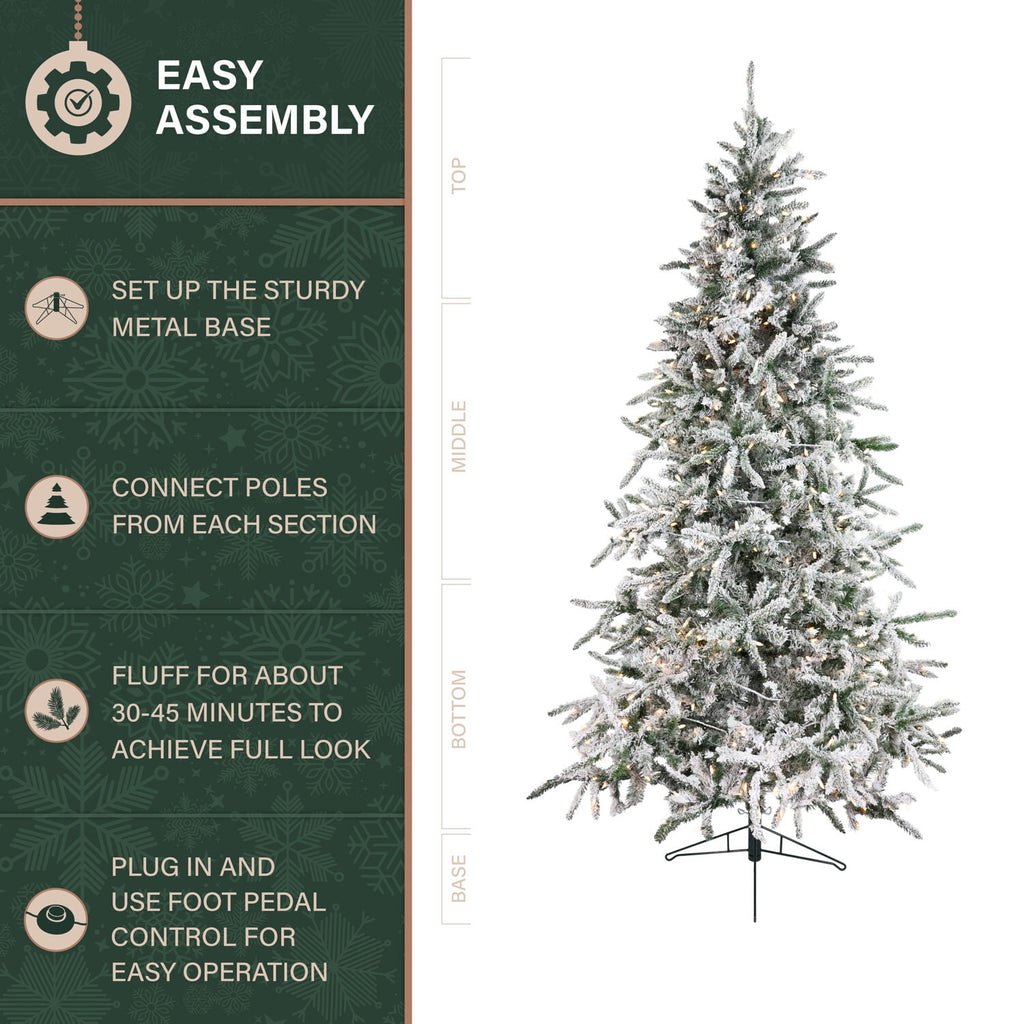 Fraser Hill Farm 6.5-Ft Flocked Mountain Pine Artificial Christmas Tree with Warm White LED Lights, FFMP065-5SN