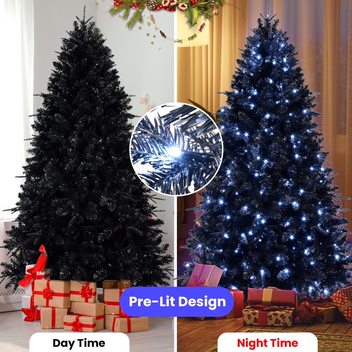 Artificial 7.5ft Black LED-lit Christmas Tree with 2156PE/PVC Mixed Branch Tips,Hinged Premium & Foldable Base for Indoor Holiday Decorating