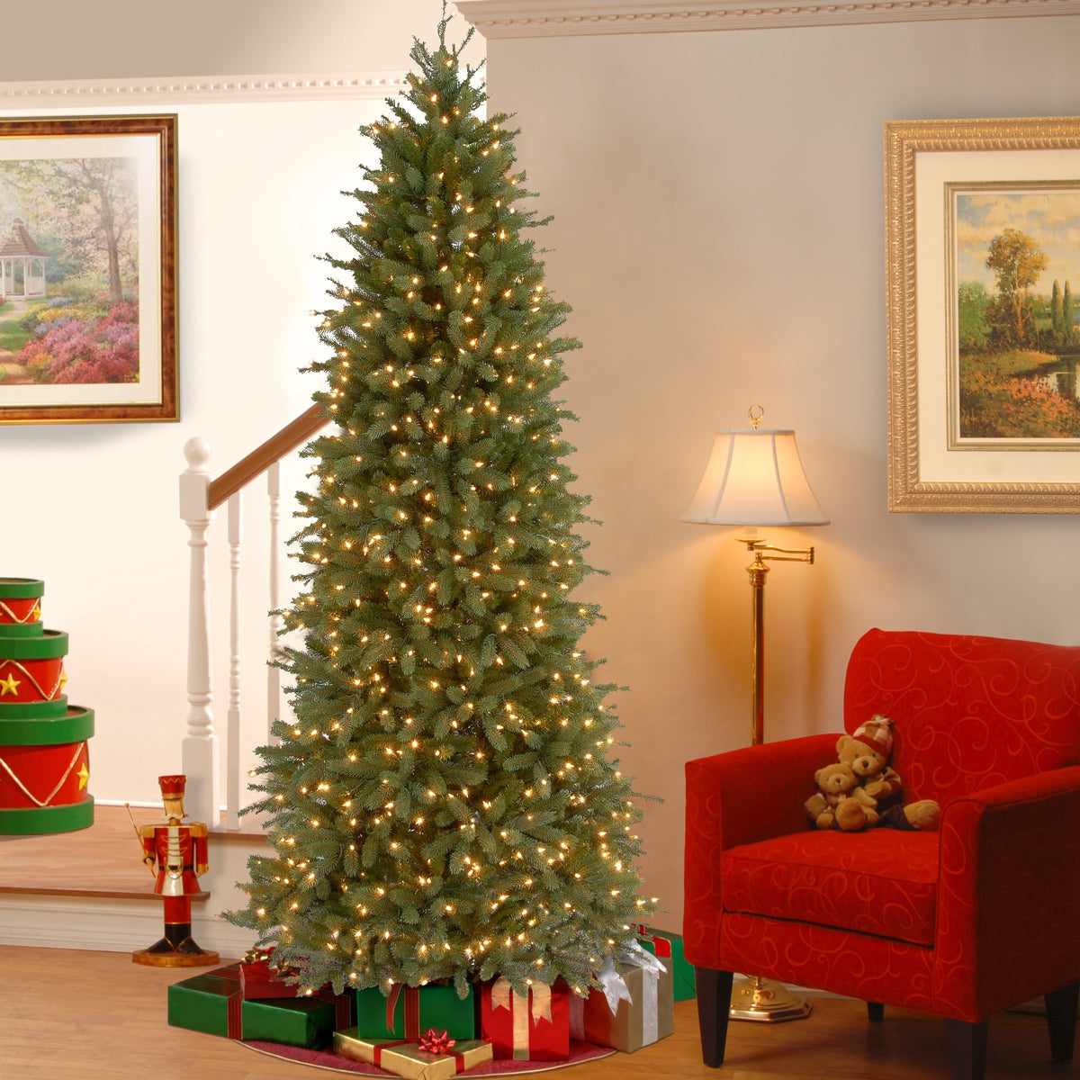 National Tree Company 6.5 ft. Pre-Lit Feel Real® Artificial Pencil Slim Christmas Tree, Jersey Fraser Fir, Green, Clear Lights, Includes Stand